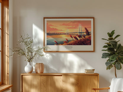 Omaha Landscape Matte Border Poster | Nebraska Framed or Unframed Vacation Wall Art — framed and ready to hang