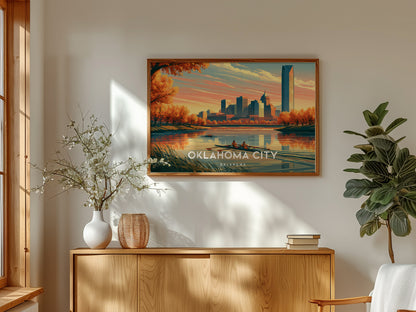 Oklahoma City, Oklahoma Landscape Poster | Vibrant Downtown Skyline Vacation Wall Art — framed and ready to hang