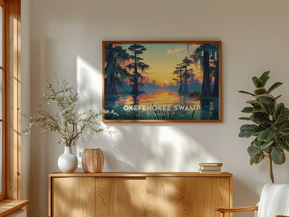 Okefenokee Swamp, Georgia Landscape Poster | Travel Gift Swampland Wildlife Wall Art — framed and ready to hang