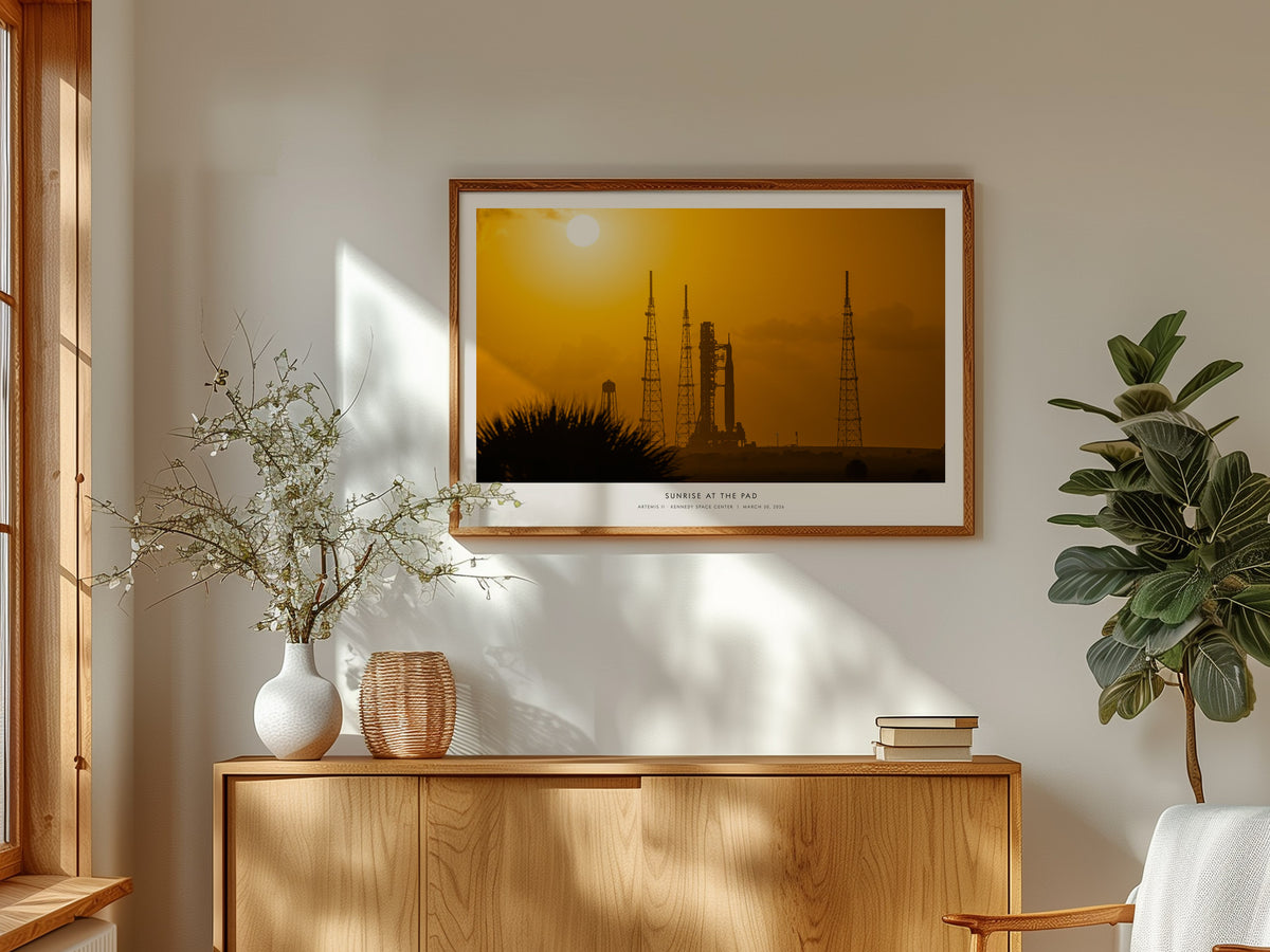 Sunrise At the Pad Landscape Poster | NASA Artemis II · Kennedy Space Center Space Photography Wall Art — framed and ready to