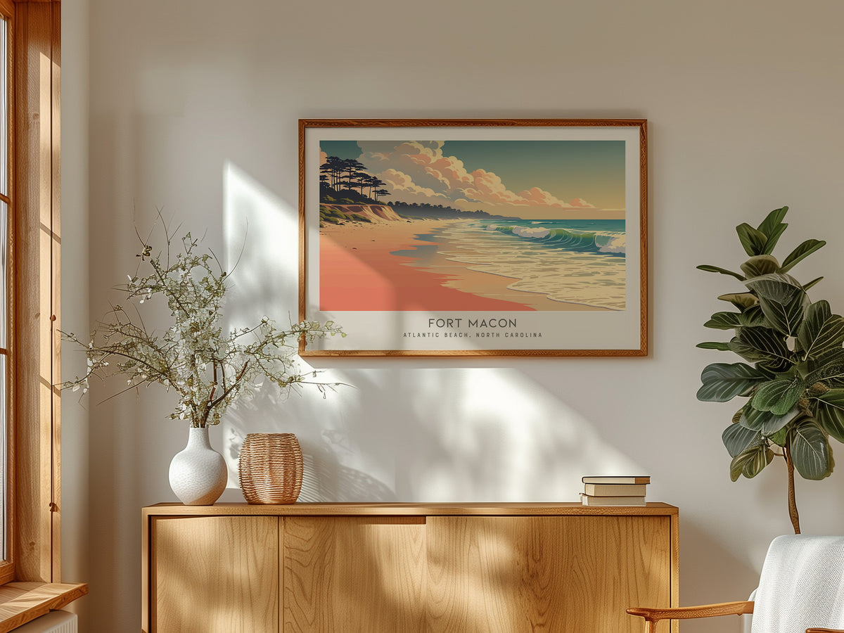 Fort Macon Landscape Matte Border Poster | Atlantic Beach, North Carolina Coastal Beach Decor — framed and ready to hang