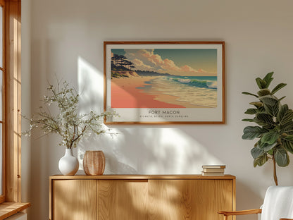 Fort Macon Landscape Matte Border Poster | Atlantic Beach, North Carolina Coastal Beach Decor — framed and ready to hang