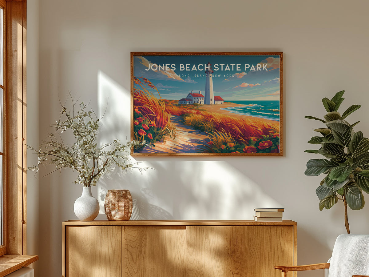 Jones Beach State Park Landscape Poster | Long Island, New York Travel Wall Art — framed and ready to hang