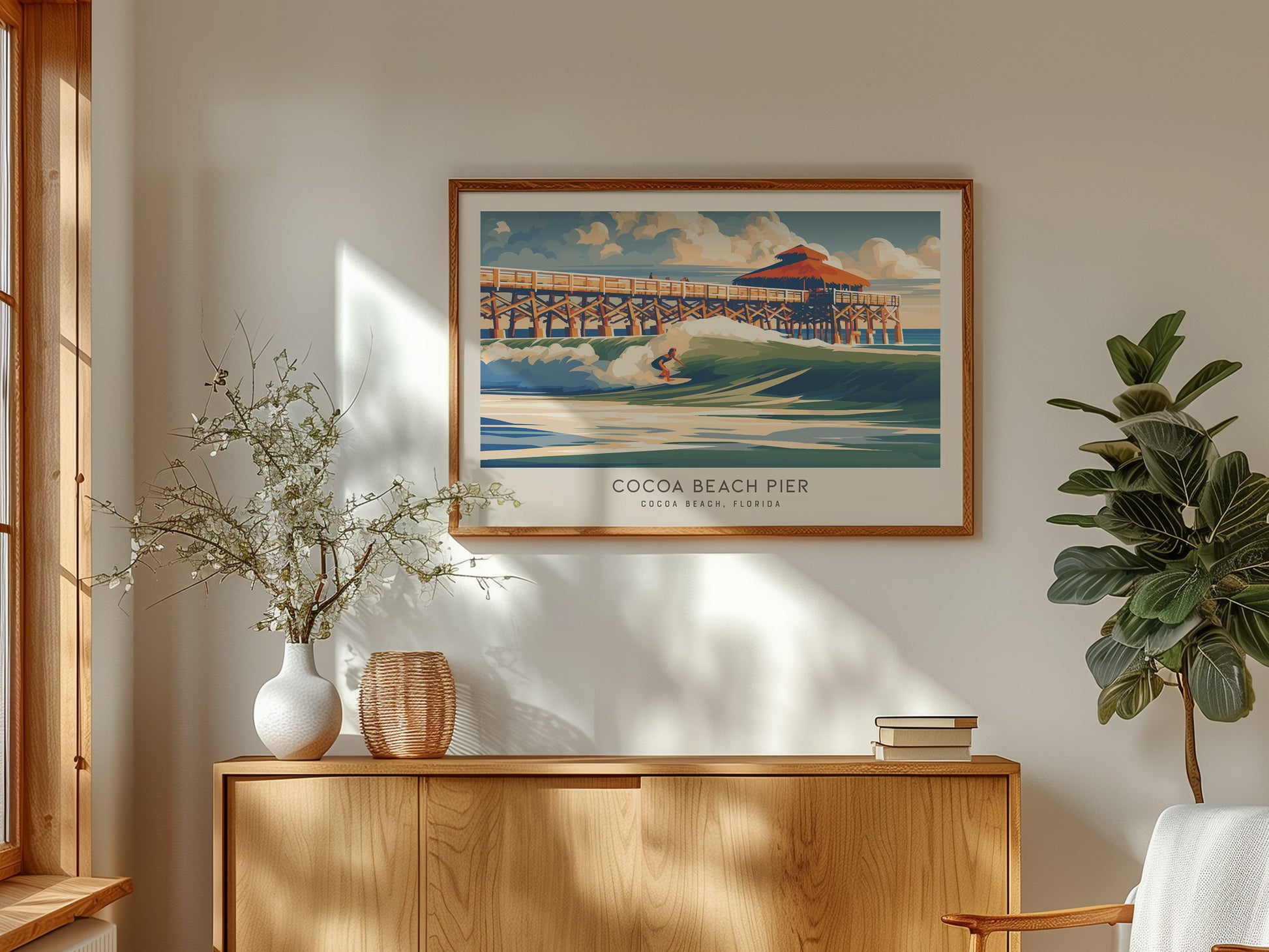 Cocoa Beach Pier Landscape Matte Border Poster | Travel Wall Art — framed and ready to hang