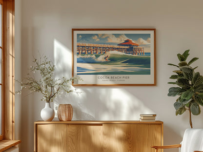 Cocoa Beach Pier Landscape Matte Border Poster | Travel Wall Art — framed and ready to hang