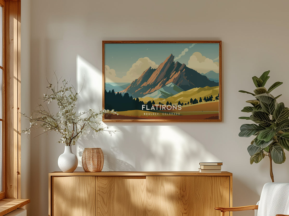 Flatirons, Boulder, Colorado Landscape Poster | Mountain Destination Print Wall Art — framed and ready to hang