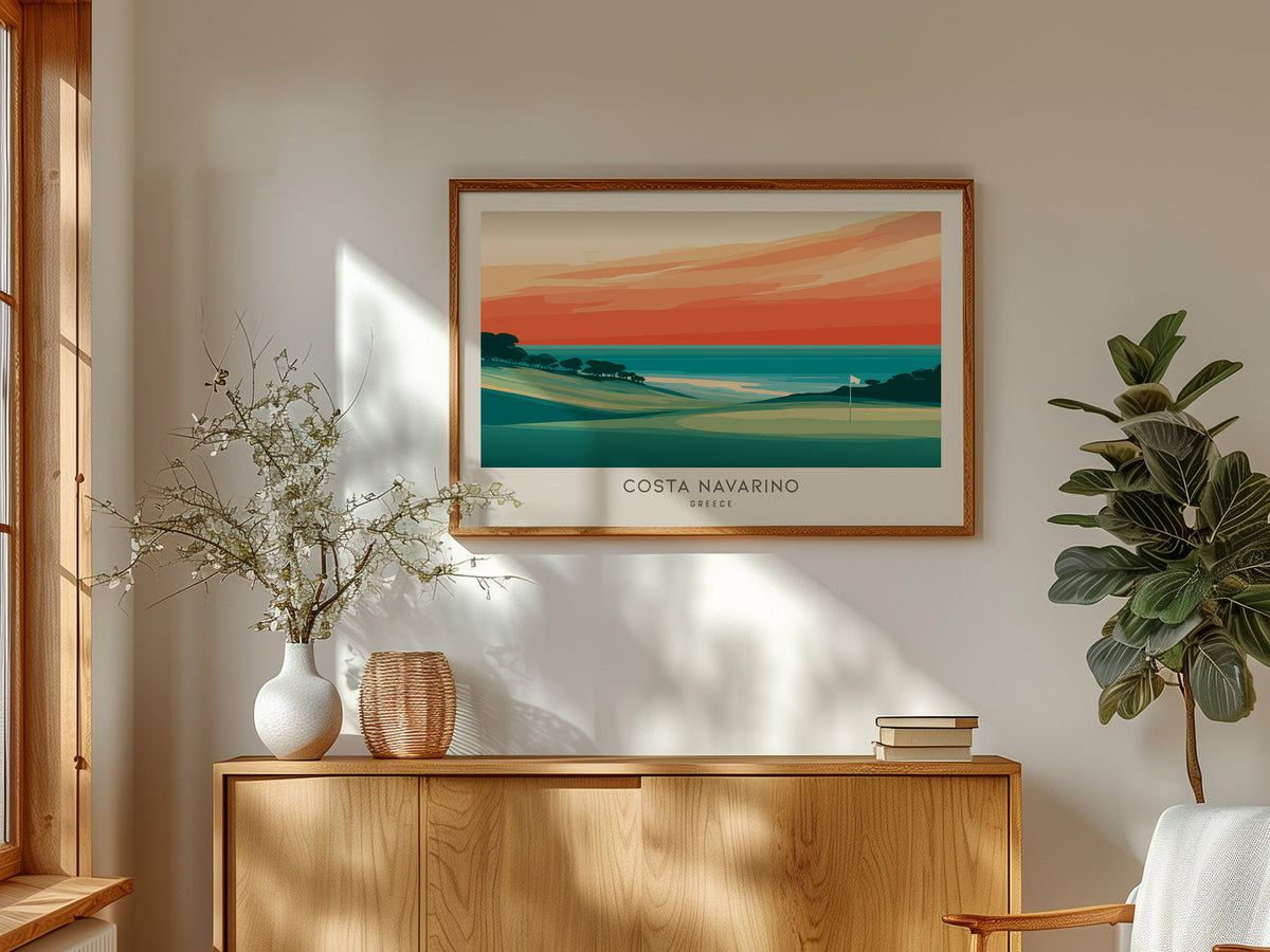 Costa Navarino Landscape Matte Border Poster | Greece Golf Wall Art & Framed or Unframed Links Decor — framed and ready to ha