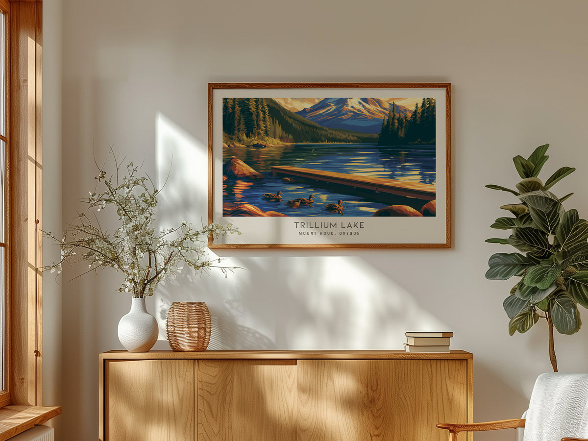 Trillium Lake Landscape Matte Border Poster | Mount Hood, Oregon Travel Gift Print — framed and ready to hang