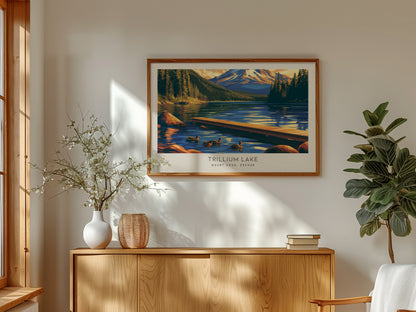 Trillium Lake Landscape Matte Border Poster | Mount Hood, Oregon Travel Gift Print — framed and ready to hang
