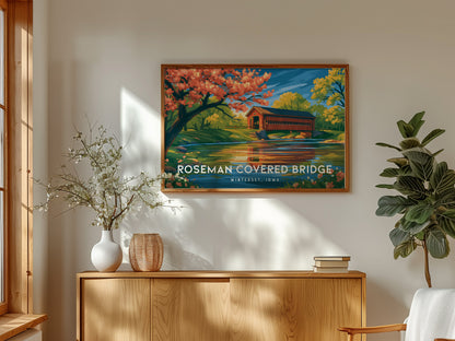Roseman Covered Bridge Landscape Poster | Winterset, Iowa Travel Gift Wall Art — framed and ready to hang