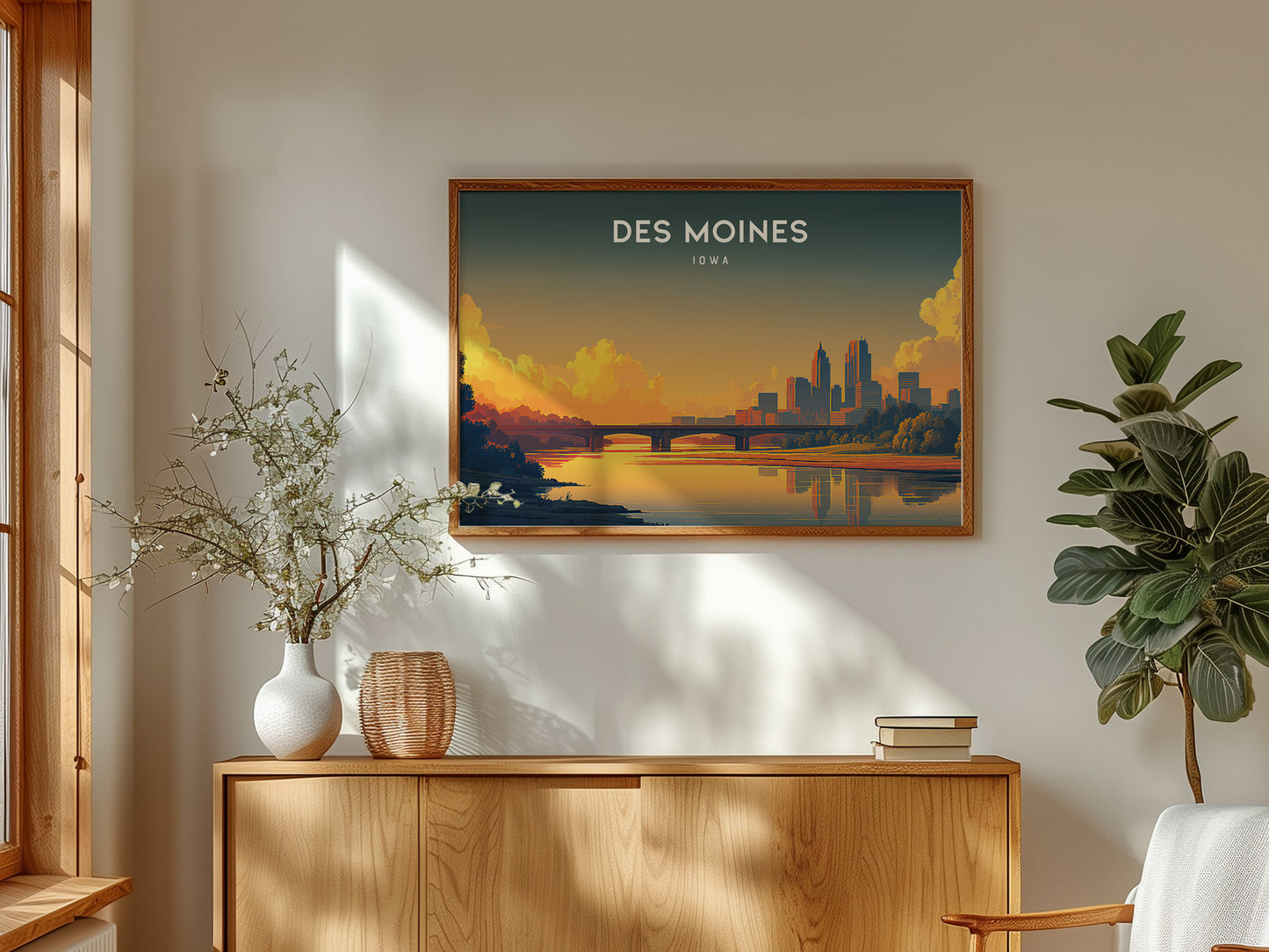 Des Moines, Iowa Landscape Poster | Heartland Skyline Travel Wall Art — framed and ready to hang