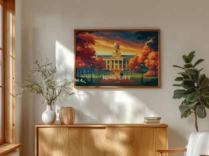 Iowa City, Iowa Landscape Poster | Midwest College Town Vacation Wall Art — framed and ready to hang