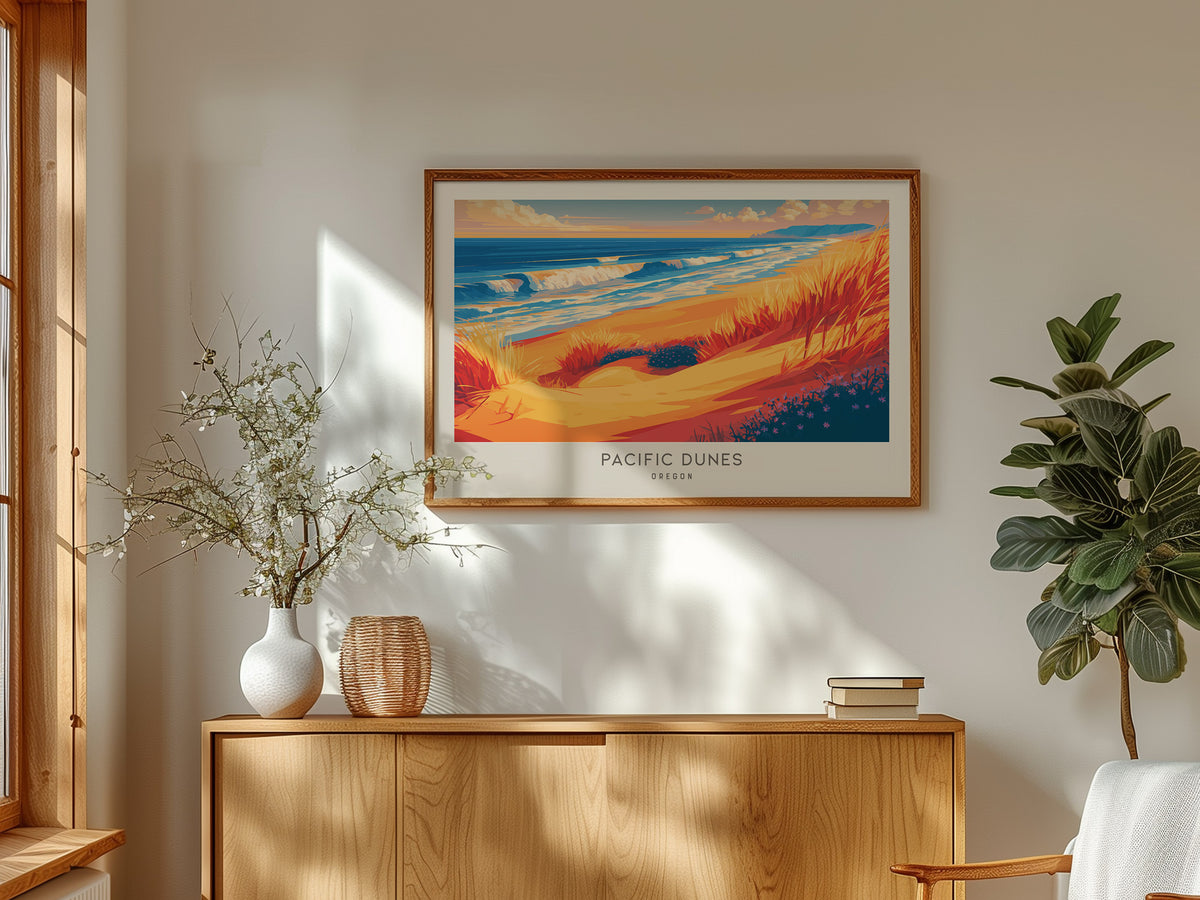 Pacific Dunes Landscape Matte Border Poster | Oregon Coastal Beach Decor — framed and ready to hang