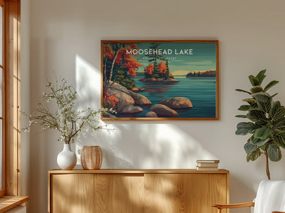 Moosehead Lake Landscape Poster | Greenville, Maine Travel Gift Lakeside Wall Art — framed and ready to hang