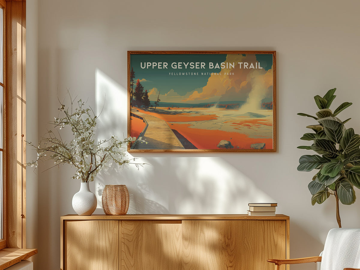 Upper Geyser Basin Trail Landscape Poster | Yellowstone National Park Vacation Wall Art — framed and ready to hang