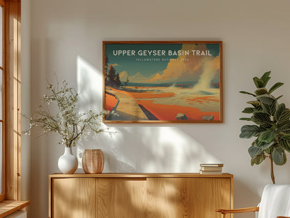 Upper Geyser Basin Trail Landscape Poster | Yellowstone National Park Vacation Wall Art — framed and ready to hang