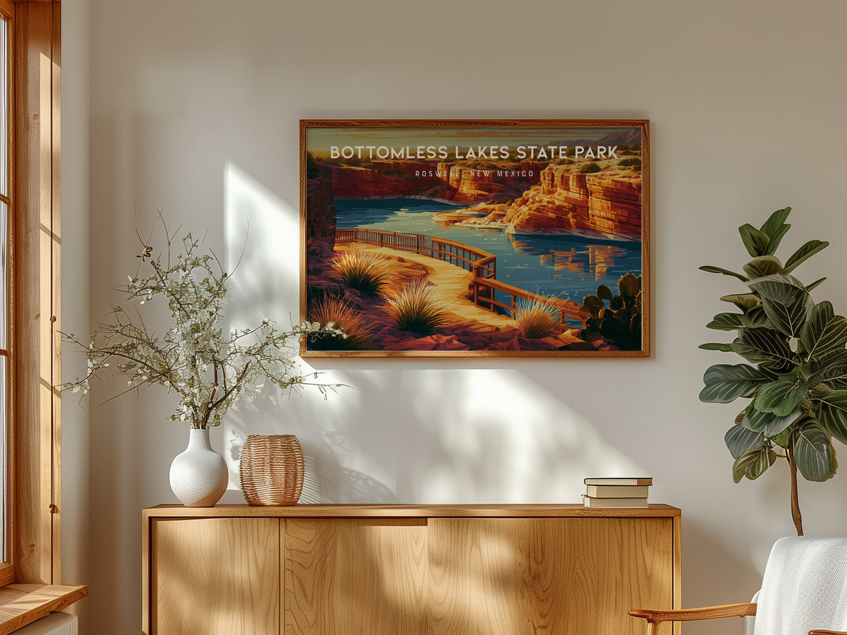 Bottomless Lakes State Park Landscape Poster | Roswell, New Mexico Vacation Wall Art — framed and ready to hang