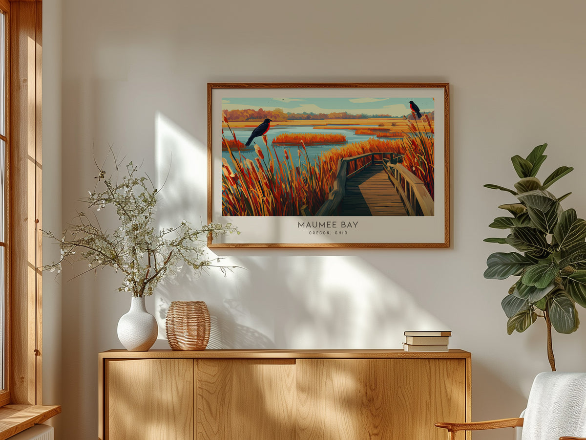 Maumee Bay Landscape Matte Border Poster | Oregon, Ohio Destination Print Travel Wall Art — framed and ready to hang