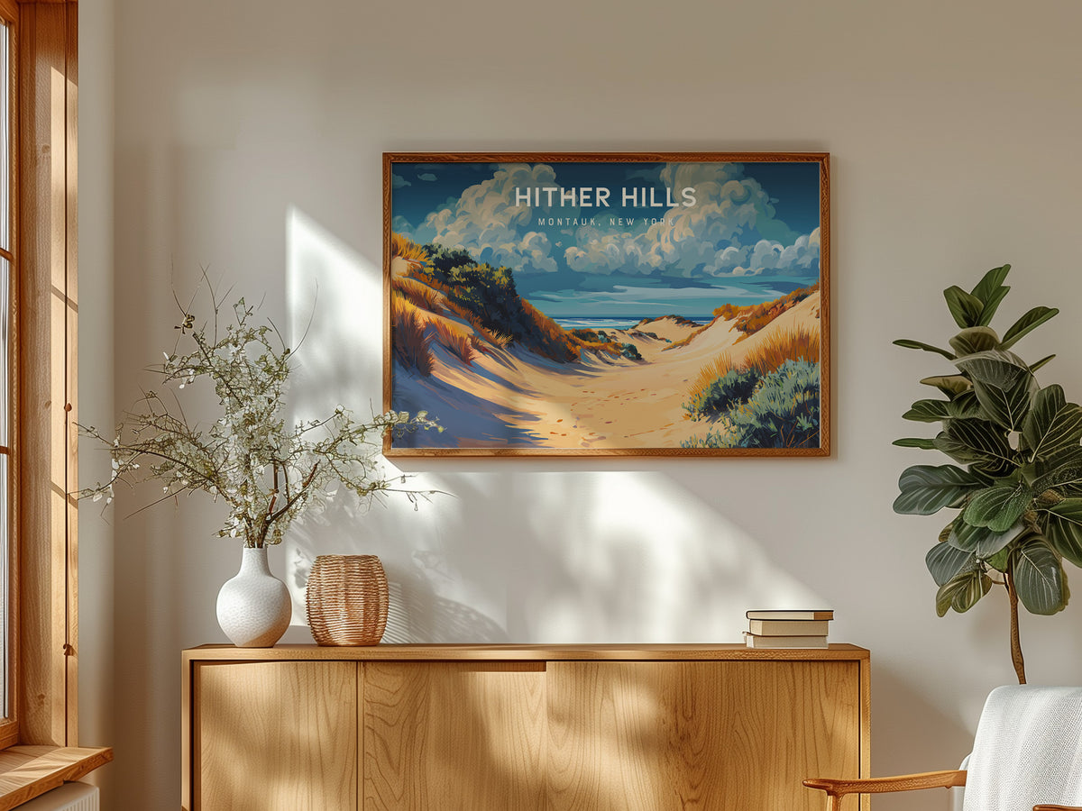 Hither Hills Landscape Poster | Montauk, New York Destination Print Beach House Decor — framed and ready to hang
