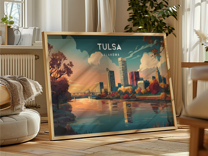 Tulsa, Oklahoma Landscape Poster | Golden Driller & Downtown Vacation Wall Art — framed and ready to hang