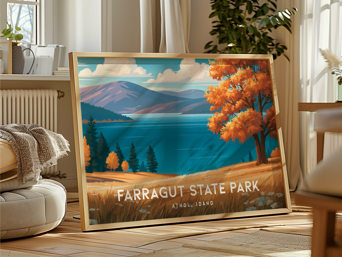 Farragut State Park Landscape Poster | Athol, Idaho Lakeside Pine Forest Framed or Unframed Wall Art — framed and ready to ha