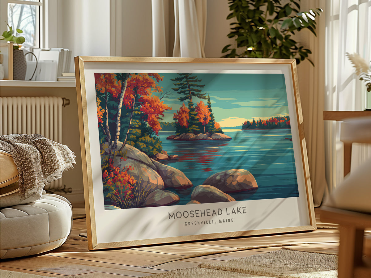 Moosehead Lake Landscape Matte Border Poster | Greenville, Maine Vacation Wall Art — framed and ready to hang