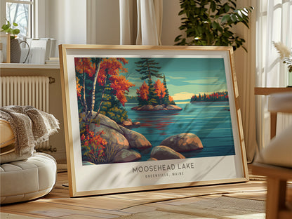 Moosehead Lake Landscape Matte Border Poster | Greenville, Maine Vacation Wall Art — framed and ready to hang
