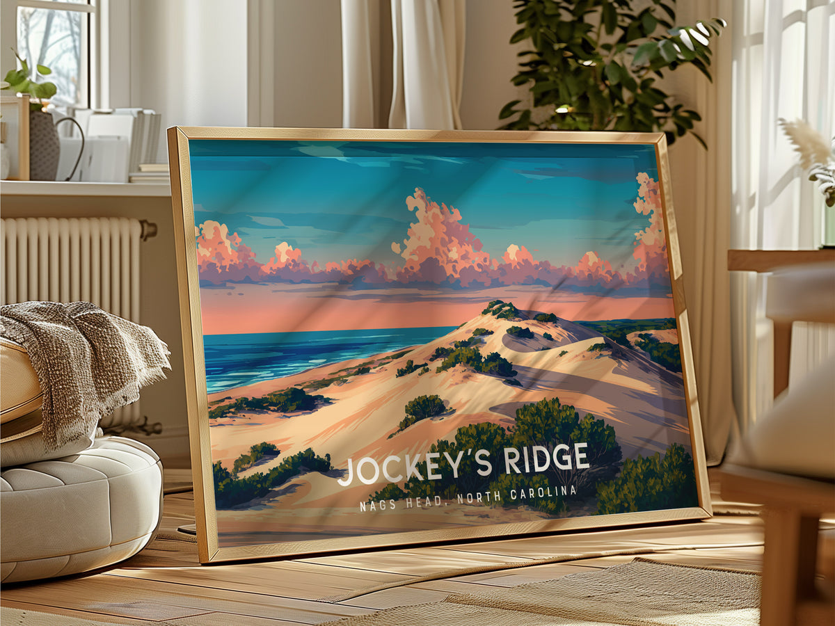 Jockey's Ridge Landscape Poster | Nags Head, North Carolina Destination Print Beach House Decor — framed and ready to hang