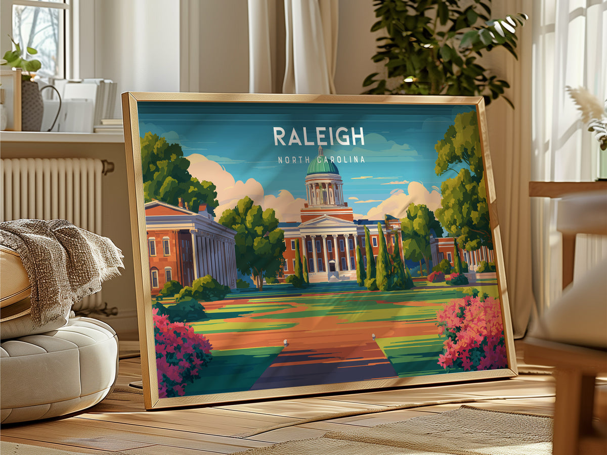 Raleigh Landscape Poster | North Carolina Oak City Framed or Unframed Wall Art — framed and ready to hang