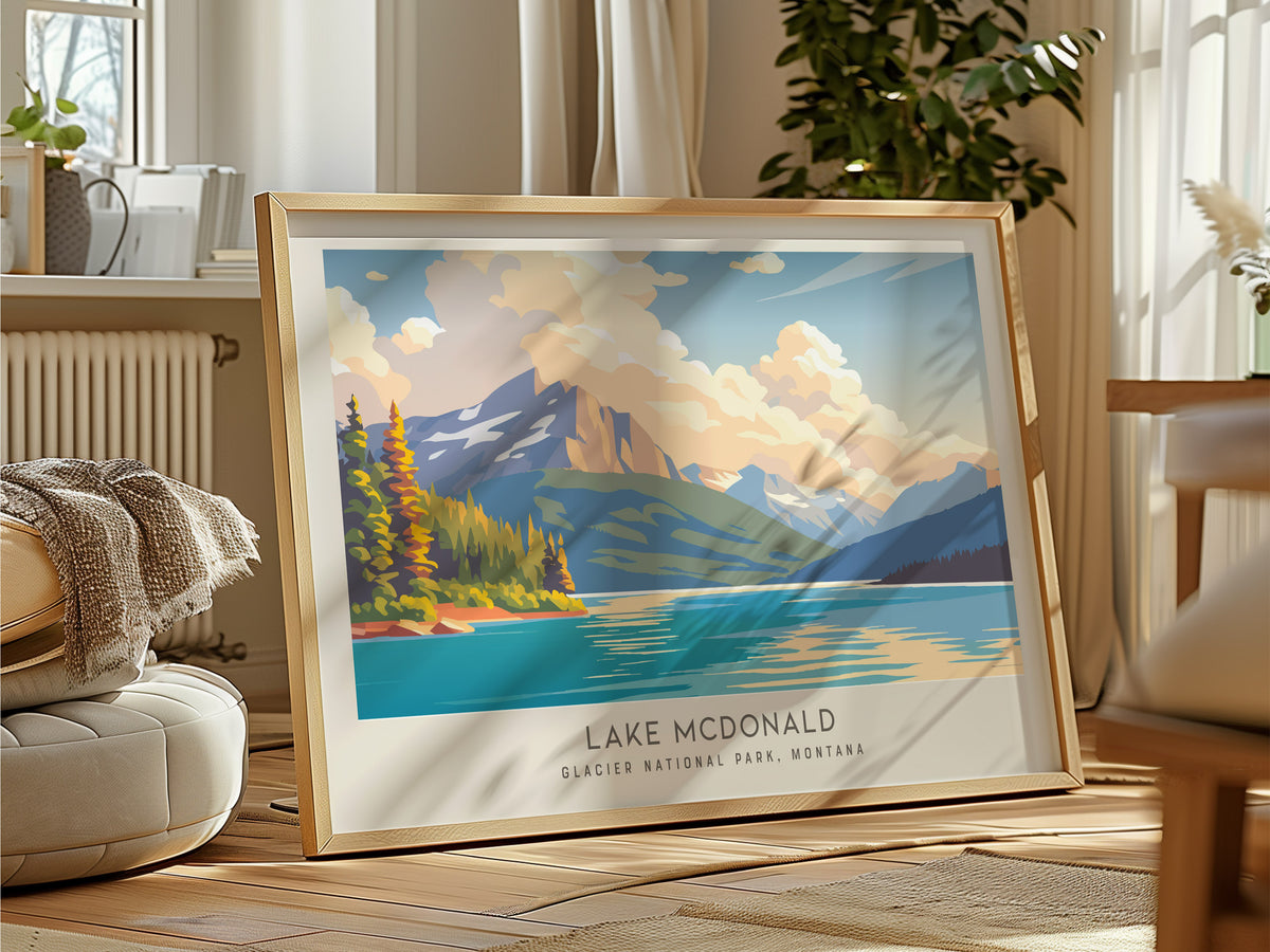 Lake McDonald Landscape Matte Border Poster | Glacier National Park, Montana Travel Wall Art — framed and ready to hang