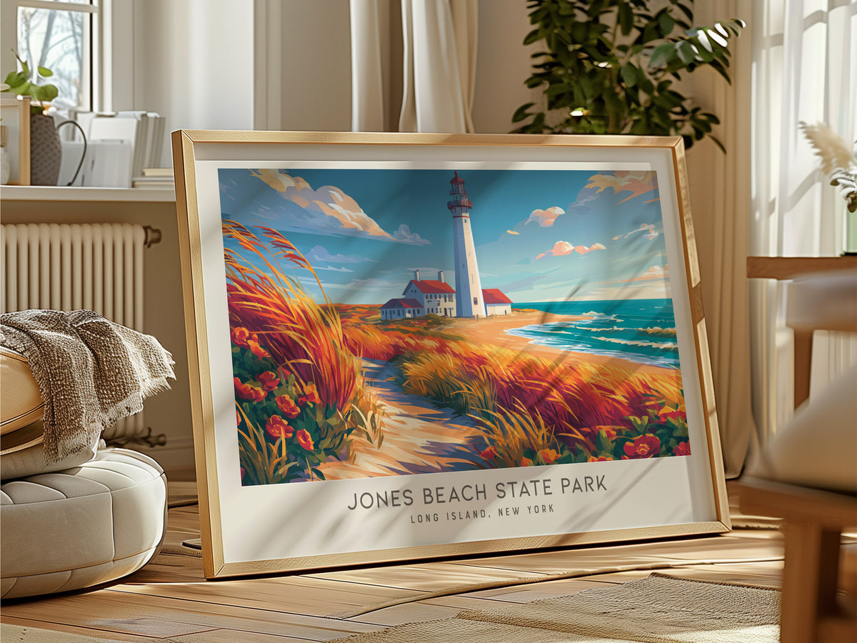 Jones Beach State Park Landscape Matte Border Poster | Long Island, New York Travel Wall Art — framed and ready to hang