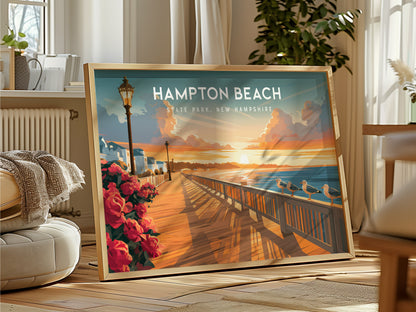 Hampton Beach Landscape Poster | State Park, New Hampshire Beach House Decor Wall Art — framed and ready to hang