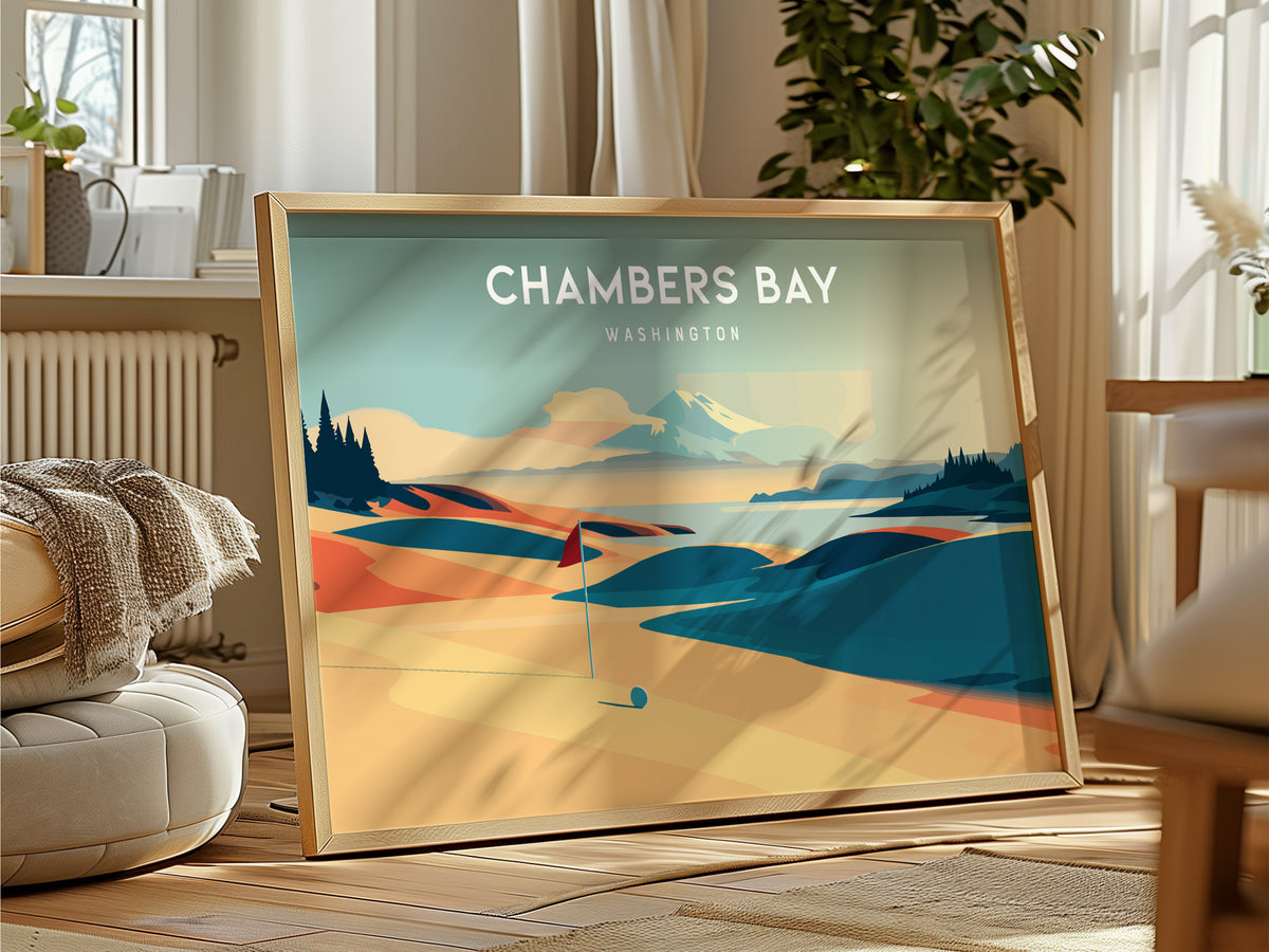 Chambers Bay, Washington Landscape Poster | Golf Wall Art & Framed or Unframed Wall Art — framed and ready to hang