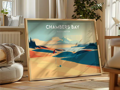 Chambers Bay, Washington Landscape Poster | Golf Wall Art & Framed or Unframed Wall Art — framed and ready to hang