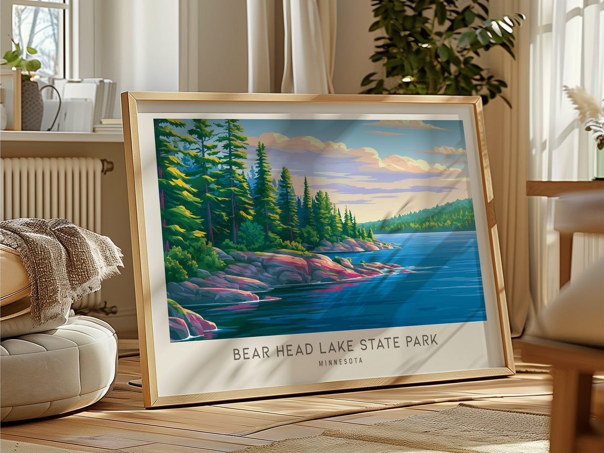 Bear Head Lake State Park Landscape Matte Border Poster | Minnesota Vacation Wall Art — framed and ready to hang