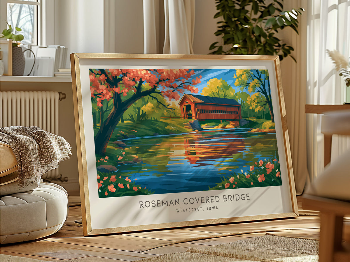 Roseman Covered Bridge Landscape Matte Border Poster | Winterset, Iowa Vacation Wall Art — framed and ready to hang