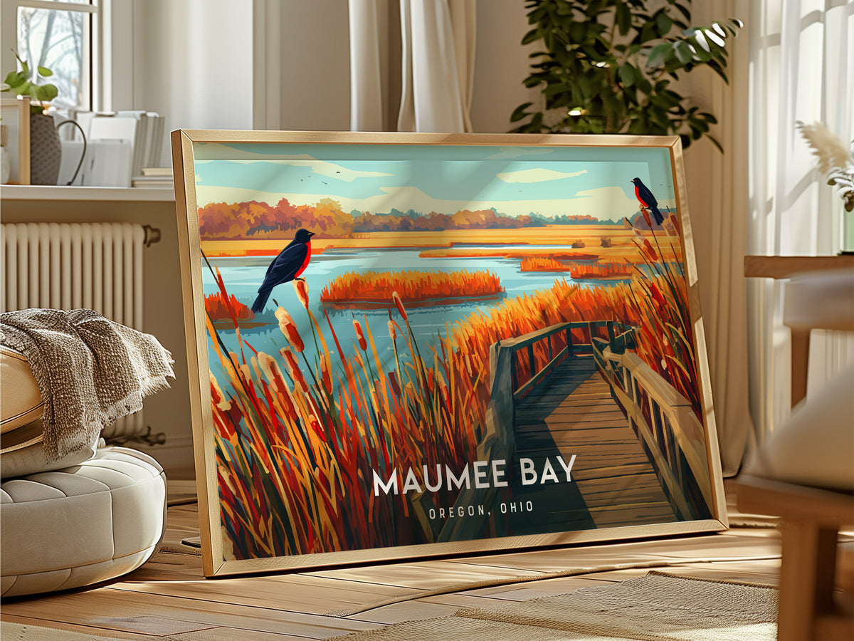 Maumee Bay Landscape Poster | Oregon, Ohio Vacation Wall Art — framed and ready to hang