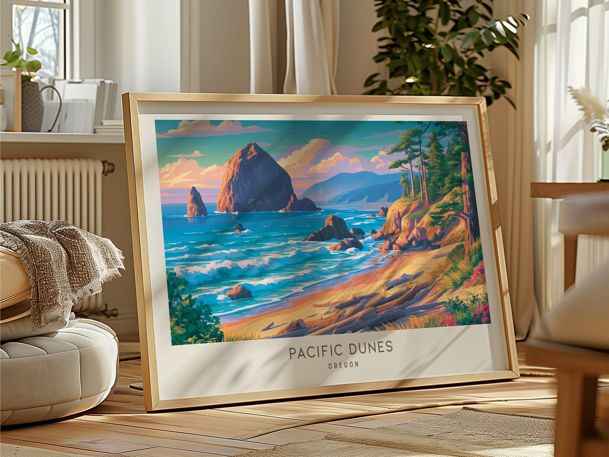 Pacific Dunes Landscape Matte Border Poster | Oregon Coastal Beach Decor — framed and ready to hang