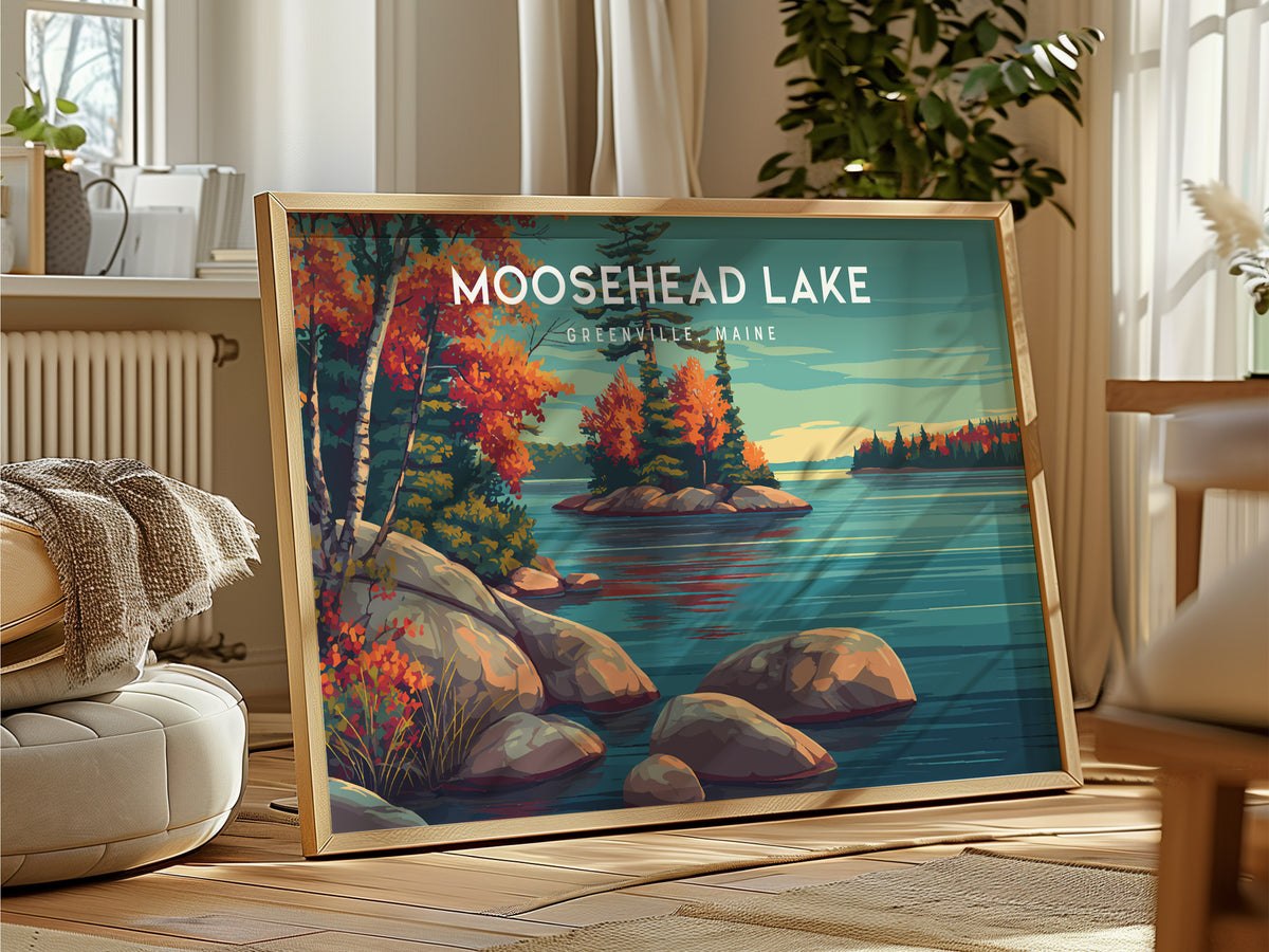 Moosehead Lake Landscape Poster | Greenville, Maine Travel Gift Lakeside Wall Art — framed and ready to hang