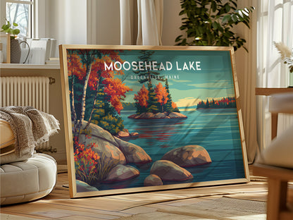 Moosehead Lake Landscape Poster | Greenville, Maine Travel Gift Lakeside Wall Art — framed and ready to hang