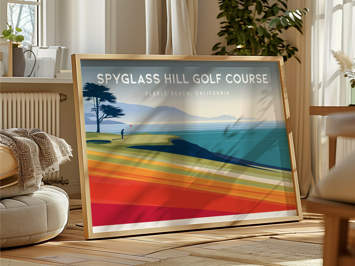 Spyglass Hill Golf Course Landscape Poster | Pebble Beach, California Country Club Decor Wall Art — framed and ready to hang