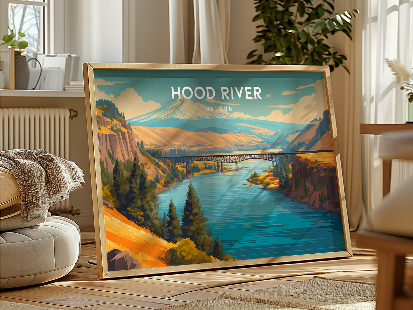 Hood River, Oregon Landscape Poster | Columbia River Gorge Destination Print Wall Art — framed and ready to hang
