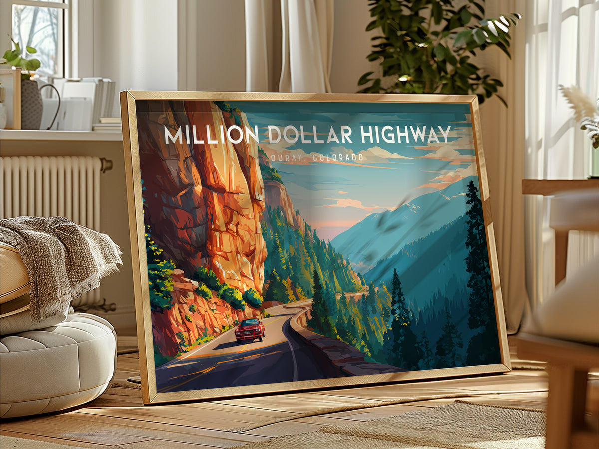 Million Dollar Highway Landscape Poster | Ouray, Colorado Framed or Unframed Alpine Road Art — framed and ready to hang