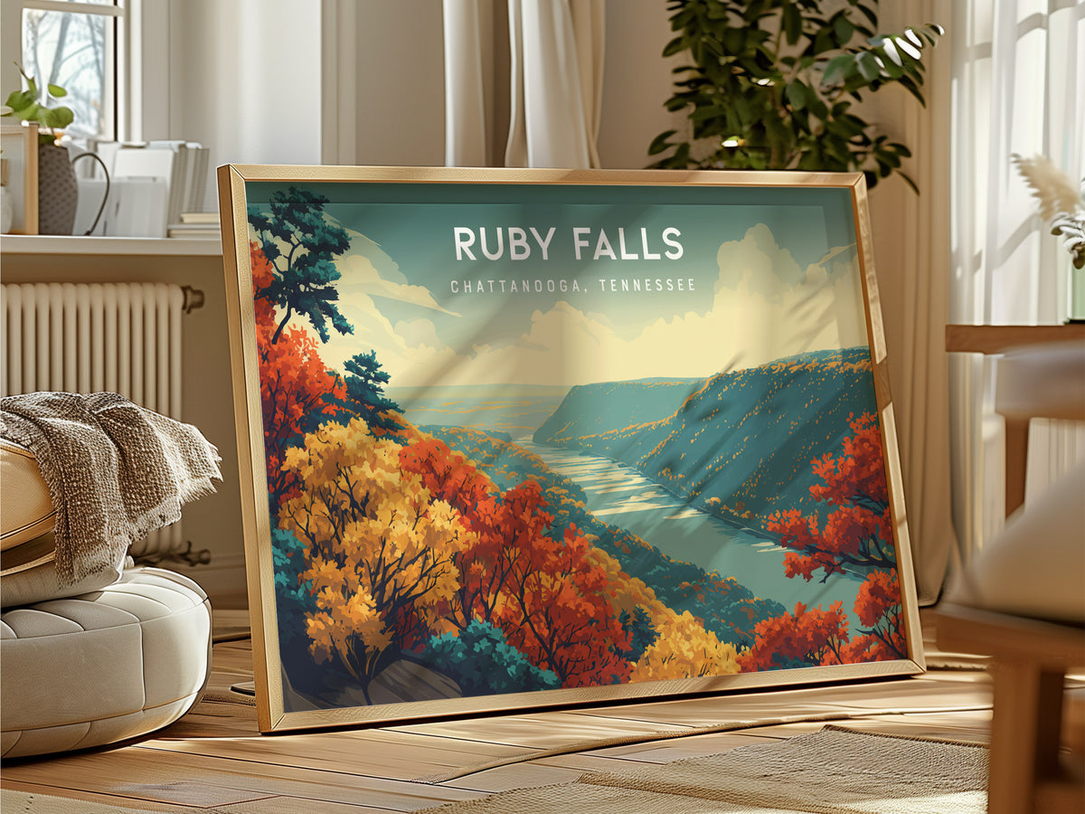 Ruby Falls Landscape Poster | Chattanooga, Tennessee Cavern Vacation Wall Art — framed and ready to hang