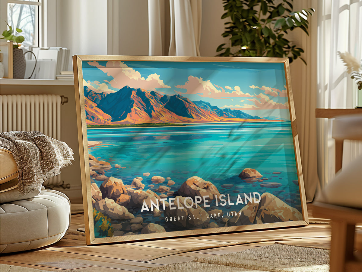 Antelope Island Landscape Poster | Great Salt Lake, Utah Vacation Wall Art — framed and ready to hang