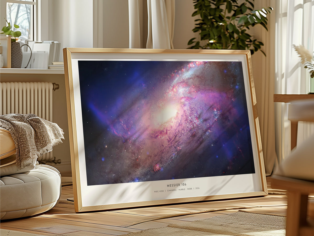 Messier 106 Landscape Poster | NGC 4258 Galaxy Wall Art NASA Space Photography — framed and ready to hang