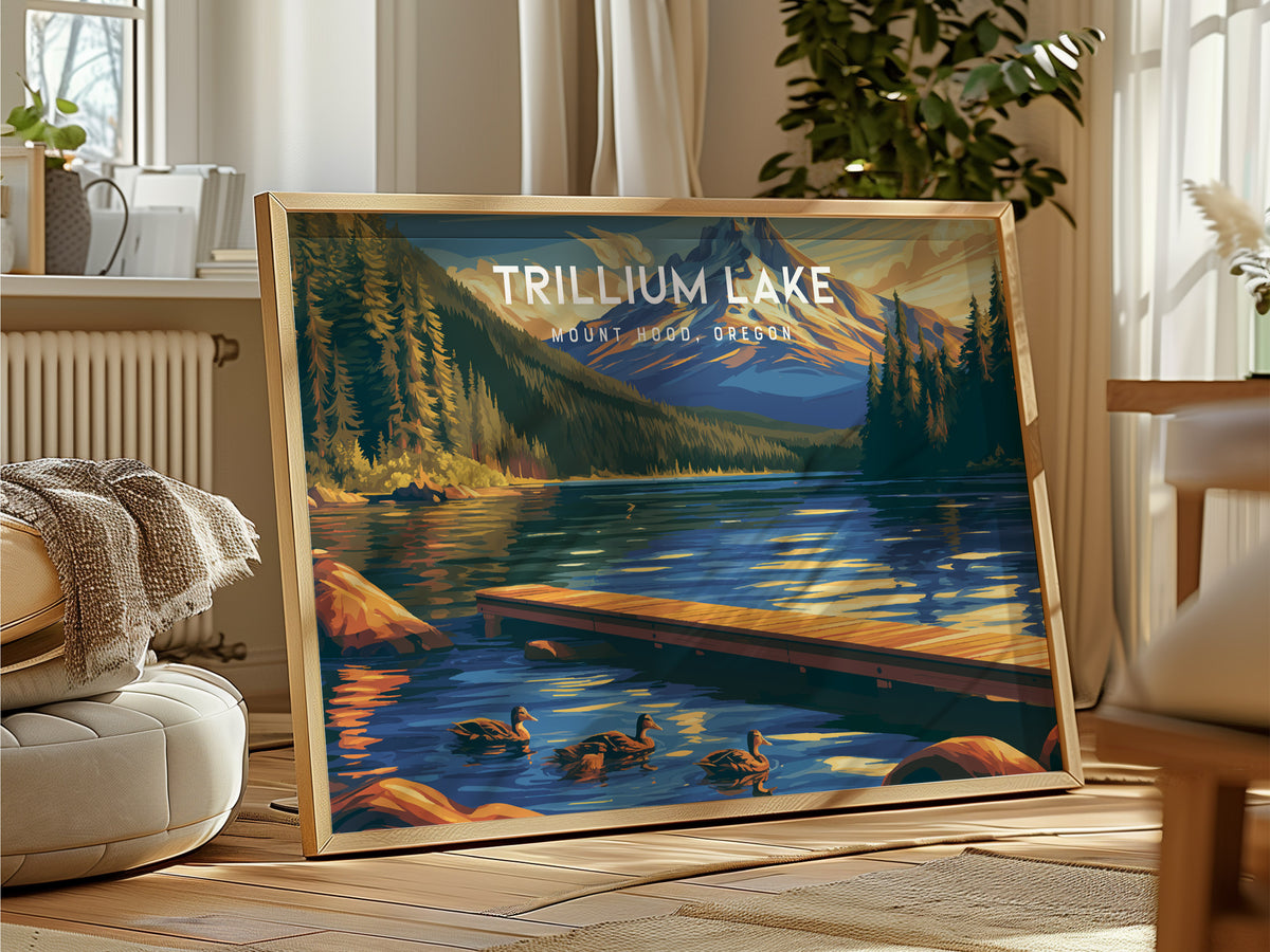 Trillium Lake Landscape Poster | Mount Hood, Oregon Framed or Unframed Vacation Wall Art — framed and ready to hang