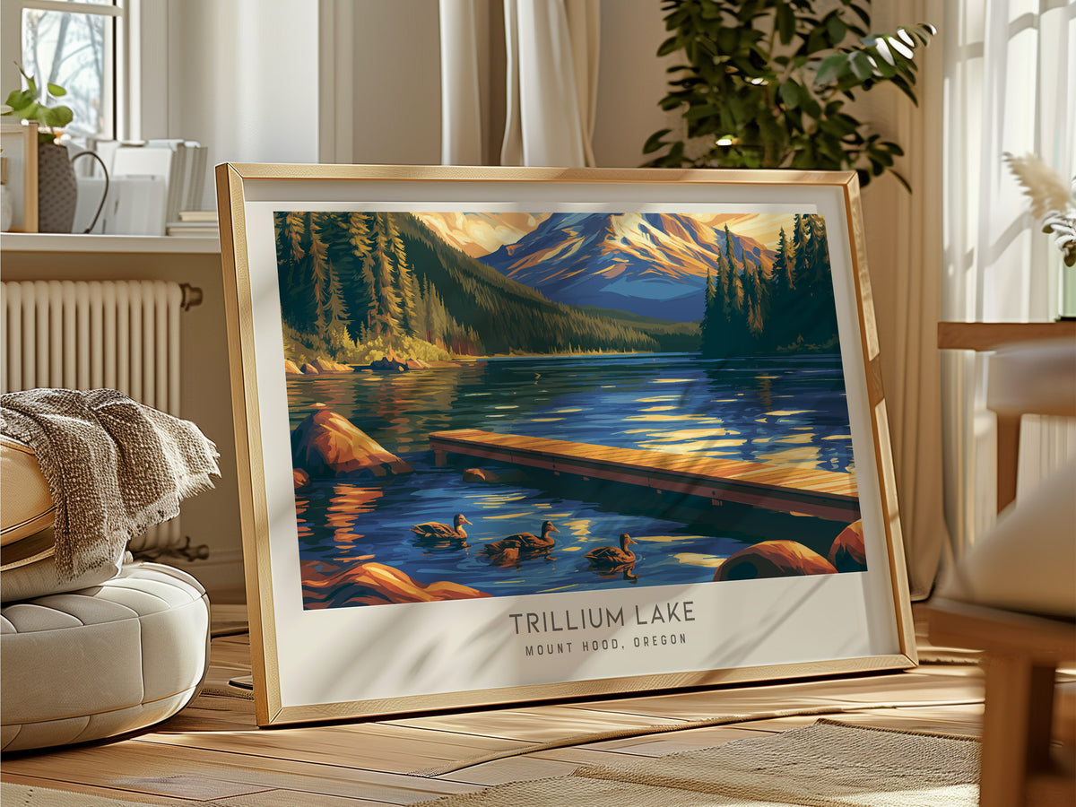 Trillium Lake Landscape Matte Border Poster | Mount Hood, Oregon Travel Gift Print — framed and ready to hang