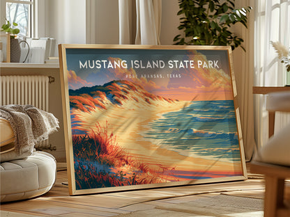 Mustang Island State Park, Port Aransas, Texas Landscape Poster | Coastal Beach Decor Wall Art — framed and ready to hang