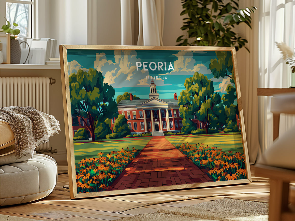 Peoria, Illinois Landscape Poster | Heartland River Skyline Beach House Decor Wall Art — framed and ready to hang